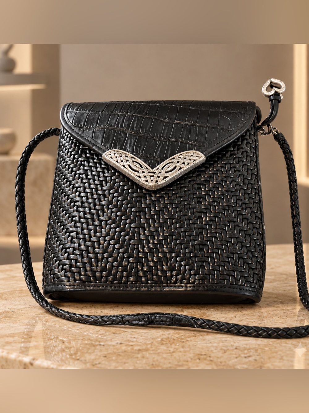 Black Brighton Woven Crossbody Bag with Silver Accent